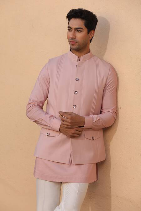 Shop Design O Stitch Pink Cotton, Silk Solid Short Kurta Set With Pintuck Bundi Shop_Design O Stitch_Pink Cotton, Silk Solid Short Kurta Set With Pintuck Bundi