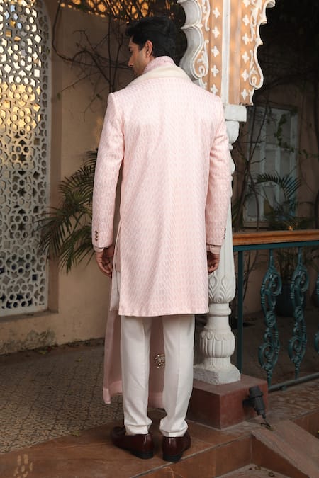 Shop Design O Stitch Pink Brocade, Chiffon Embroidery Hand Sherwani Set at Aza Fashions Shop_Design O Stitch_Pink Brocade, Chiffon Embroidery Hand Sherwani Set _at_Aza_Fashions