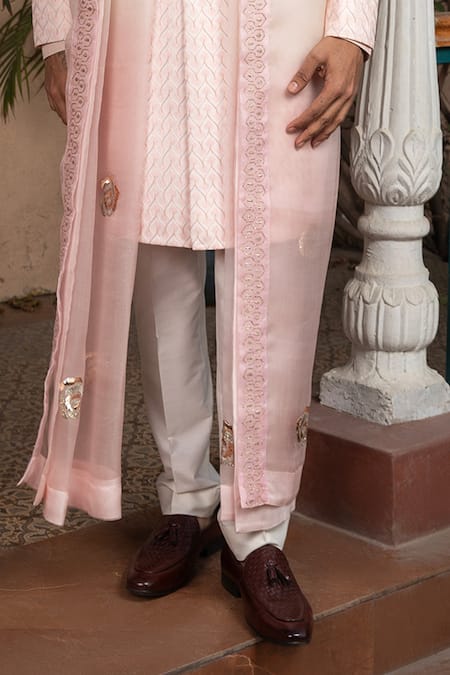 Design O Stitch Pink Brocade, Chiffon Embroidery Hand Sherwani Set Online at Aza Fashions Design O Stitch_Pink Brocade, Chiffon Embroidery Hand Sherwani Set _Online_at_Aza_Fashions