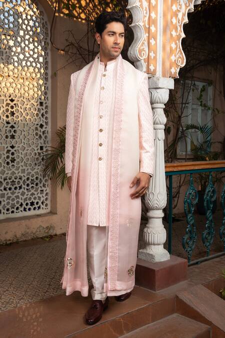 Buy Design O Stitch Pink Brocade, Chiffon Embroidery Hand Sherwani Set Online at Aza Fashions Buy_Design O Stitch_Pink Brocade, Chiffon Embroidery Hand Sherwani Set _Online_at_Aza_Fashions