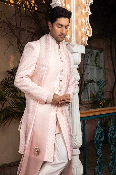 Shop Design O Stitch Pink Brocade, Chiffon Embroidery Hand Sherwani Set Online at Aza Fashions Shop_Design O Stitch_Pink Brocade, Chiffon Embroidery Hand Sherwani Set _Online_at_Aza_Fashions