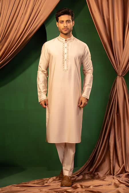 Design O Stitch_Pink Silk Embroidery Blush Charm Kurta With Pant _Online_at_Aza_Fashions