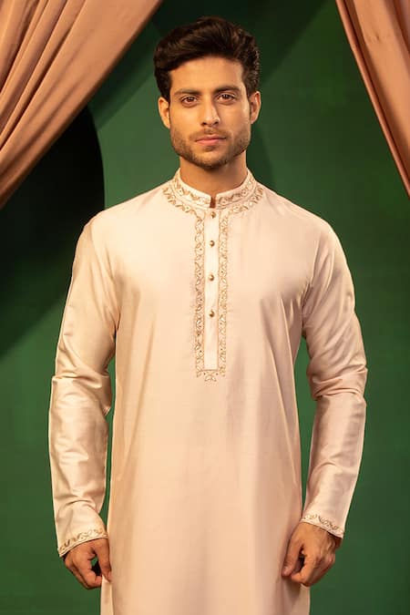 Buy_Design O Stitch_Pink Silk Embroidery Blush Charm Kurta With Pant _Online_at_Aza_Fashions