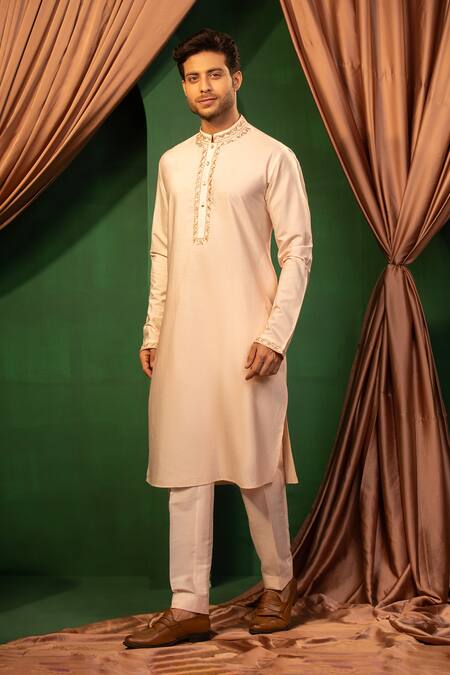 Shop_Design O Stitch_Pink Silk Embroidery Blush Charm Kurta With Pant _Online_at_Aza_Fashions