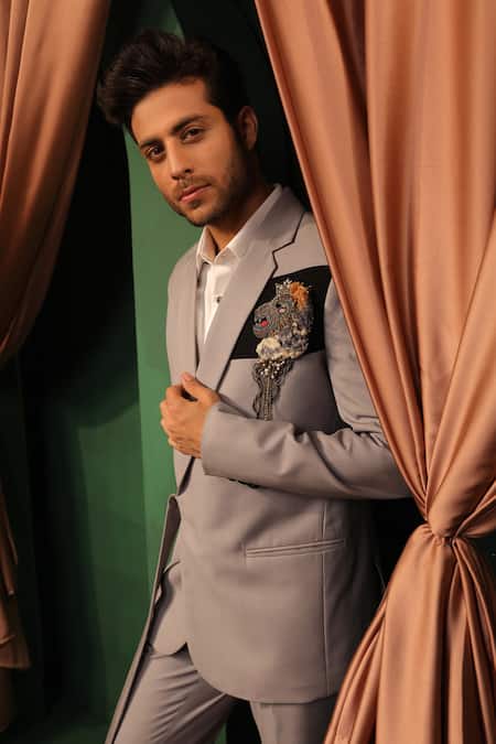 Shop_Design O Stitch_Grey Silk Embroidery Solid Blazer With Hand Lapel Pin _Online_at_Aza_Fashions