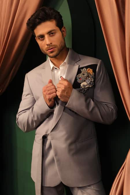 Design O Stitch_Grey Silk Embroidery Solid Blazer With Hand Lapel Pin _at_Aza_Fashions