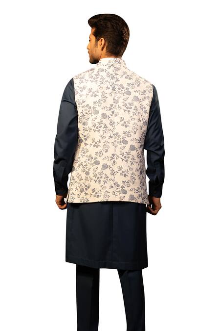 Design O Stitch_Navy Cotton, Suede Digital Print Bundi Kurta Set_Online_at_Aza_Fashions