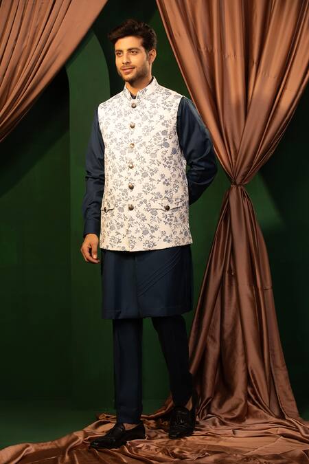 Shop_Design O Stitch_Navy Cotton, Suede Digital Print Bundi Kurta Set_Online_at_Aza_Fashions