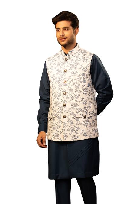 Design O Stitch_Navy Cotton, Suede Digital Print Bundi Kurta Set_at_Aza_Fashions