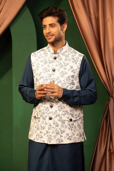 Buy_Design O Stitch_Navy Cotton, Suede Digital Print Bundi Kurta Set