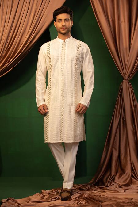 Design O Stitch White Silk Embroidery Gota Dori Hand Kurta With Pant at Aza Fashions Design O Stitch_White Silk Embroidery Gota Dori Hand Kurta With Pant _at_Aza_Fashions