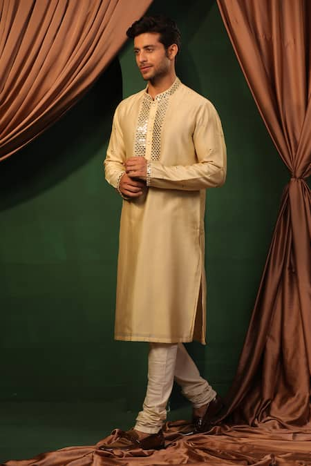 DESIGN O STITCH Cream Silk Embroidered Mirror Kurta With Churidar 