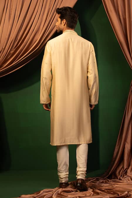 Design O Stitch Cream Silk Mirrors Embroidered Kurta With Churidar Online at Aza Fashions Design O Stitch_Cream Silk Mirrors Embroidered Kurta With Churidar _Online_at_Aza_Fashions
