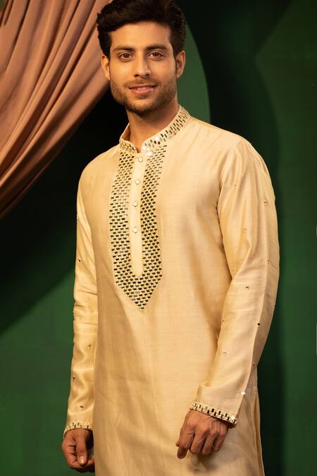 Buy Design O Stitch Cream Silk Mirrors Embroidered Kurta With Churidar Online at Aza Fashions Buy_Design O Stitch_Cream Silk Mirrors Embroidered Kurta With Churidar _Online_at_Aza_Fashions