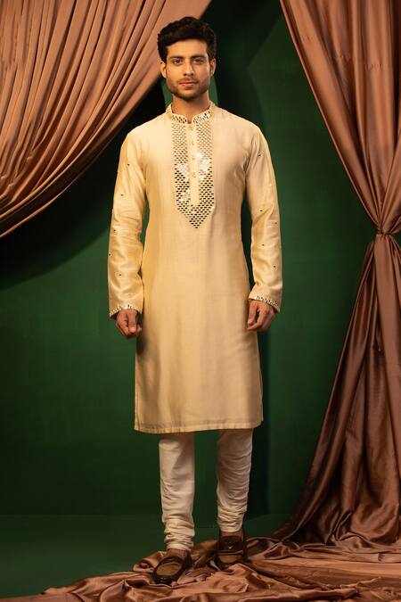 Shop Design O Stitch Cream Silk Mirrors Embroidered Kurta With Churidar Online at Aza Fashions Shop_Design O Stitch_Cream Silk Mirrors Embroidered Kurta With Churidar _Online_at_Aza_Fashions