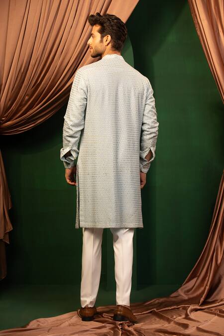 Shop Design O Stitch Sky Blue Cotton Sequins Embroidered Kurta With Pant at Aza Fashions Shop_Design O Stitch_Sky Blue Cotton Sequins Embroidered Kurta With Pant_at_Aza_Fashions