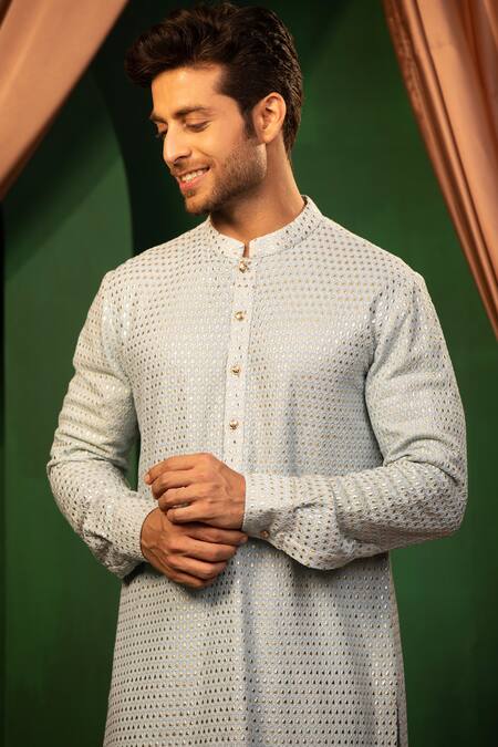 Design O Stitch Sky Blue Cotton Sequins Embroidered Kurta With Pant Online at Aza Fashions Design O Stitch_Sky Blue Cotton Sequins Embroidered Kurta With Pant_Online_at_Aza_Fashions