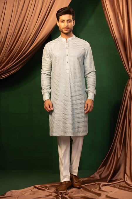 Shop Design O Stitch Sky Blue Cotton Sequins Embroidered Kurta With Pant Online at Aza Fashions Shop_Design O Stitch_Sky Blue Cotton Sequins Embroidered Kurta With Pant_Online_at_Aza_Fashions