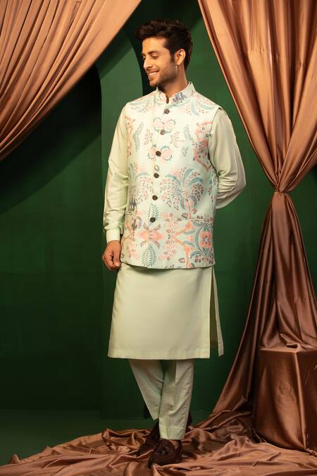 Shop_Design O Stitch_Sky Blue Silk Beads, Embroidery Kurta Set With Floral Bundi _Online_at_Aza_Fashions