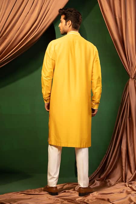 Design O Stitch_Yellow Silk, Cotton Embroidery Thread Kurta And Pant Set _Online_at_Aza_Fashions