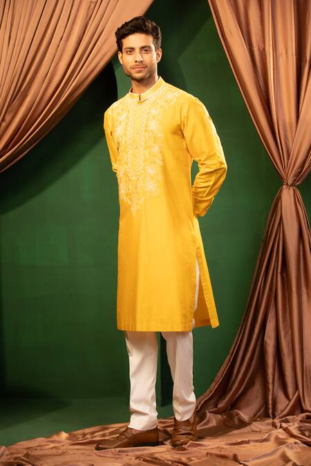Buy_Design O Stitch_Yellow Silk, Cotton Embroidery Thread Kurta And Pant Set _Online_at_Aza_Fashions