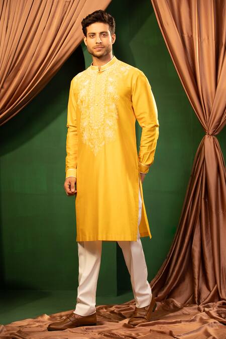Shop_Design O Stitch_Yellow Silk, Cotton Embroidery Thread Kurta And Pant Set _Online_at_Aza_Fashions