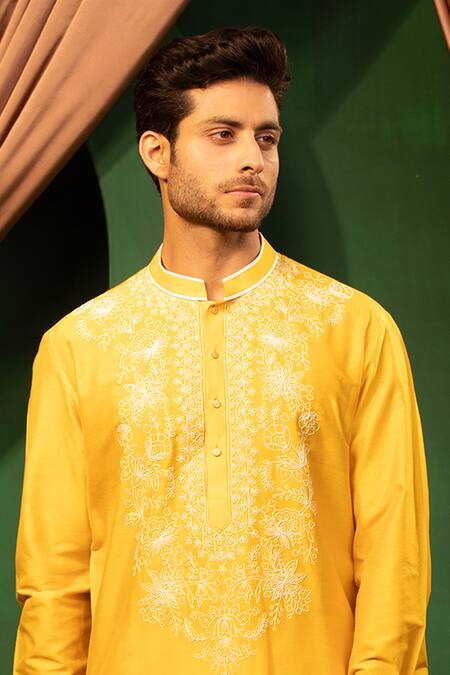 Design O Stitch_Yellow Silk, Cotton Embroidery Thread Kurta And Pant Set _at_Aza_Fashions
