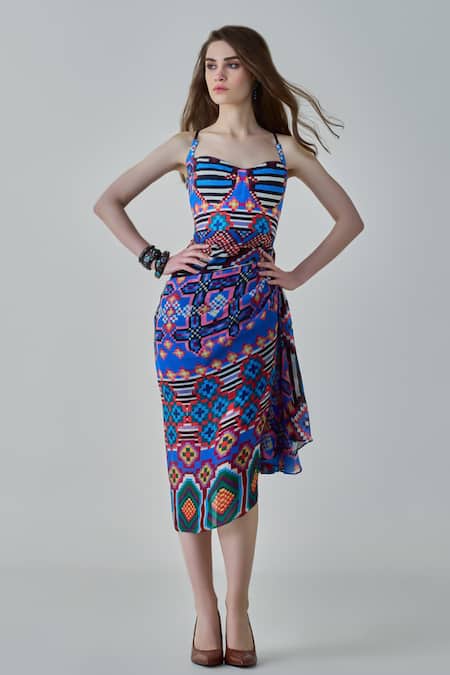 Buy Saaksha & Kinni Blue Chiffon, , Cotton Multi Color Ikat Print Side-draped Midi Dress Online at Aza Fashions Buy_Saaksha & Kinni_Blue Chiffon, , Cotton Multi Color Ikat Print Side-draped Midi Dress _Online_at_Aza_Fashions
