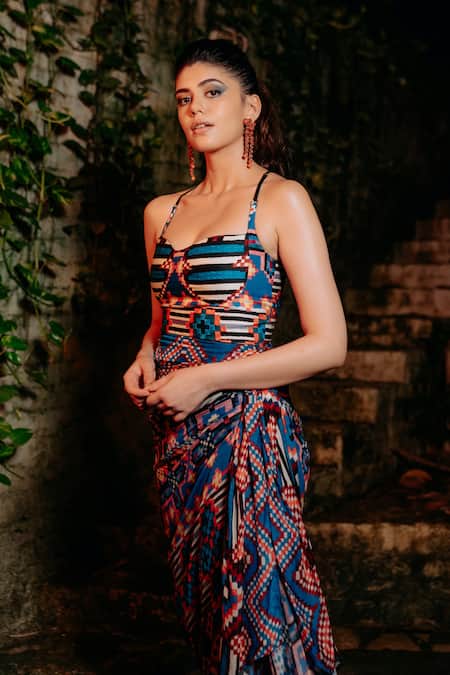 Saaksha & Kinni Blue Chiffon, , Cotton Multi Color Ikat Print Side-draped Midi Dress at Aza Fashions Saaksha & Kinni_Blue Chiffon, , Cotton Multi Color Ikat Print Side-draped Midi Dress _at_Aza_Fashions