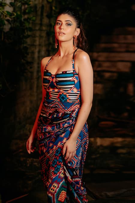 Shop Saaksha & Kinni Blue Chiffon, , Cotton Multi Color Ikat Print Side-draped Midi Dress Shop_Saaksha & Kinni_Blue Chiffon, , Cotton Multi Color Ikat Print Side-draped Midi Dress