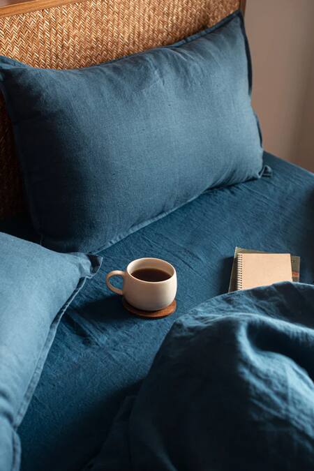 Shop Saphed Blue 100% Pure European Linen Plain Queen Size Flat Sheet at Aza Fashions Shop_Saphed_Blue 100% Pure European Linen Plain Queen Size Flat Sheet_at_Aza_Fashions