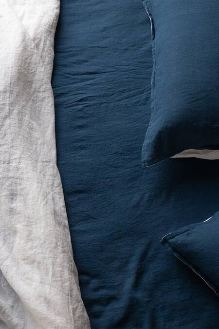 Buy Saphed Blue 100% Pure European Linen Plain Queen Size Flat Sheet Online at Aza Fashions Buy_Saphed_Blue 100% Pure European Linen Plain Queen Size Flat Sheet_Online_at_Aza_Fashions