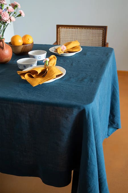 Shop_Saphed_Blue 100% Pure European Linen Plain Square Table Cloth_at_Aza_Fashions