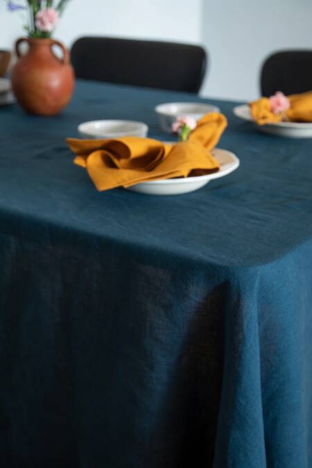Saphed_Blue 100% Pure European Linen Plain Square Table Cloth_Online_at_Aza_Fashions