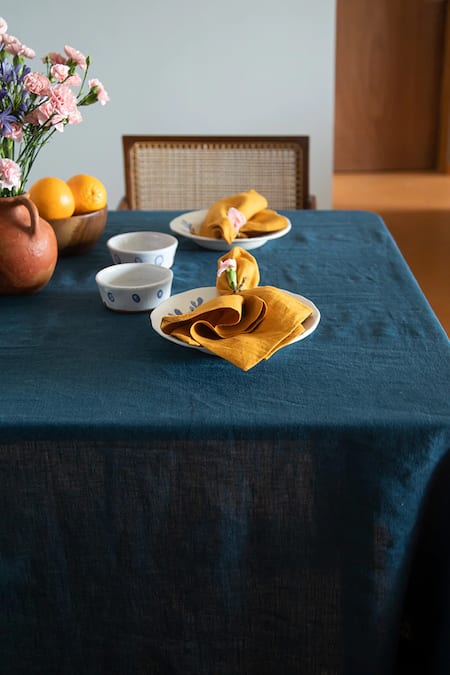 Buy_Saphed_Blue 100% Pure European Linen Plain Square Table Cloth_Online_at_Aza_Fashions