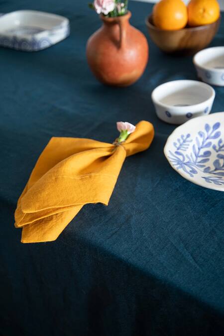 Shop_Saphed_Blue 100% Pure European Linen Plain Square Table Cloth_Online_at_Aza_Fashions