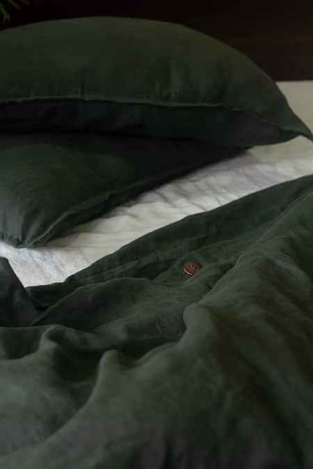 Saphed Green 100% Pure European Linen Plain Kai Queen Duvet Cover 