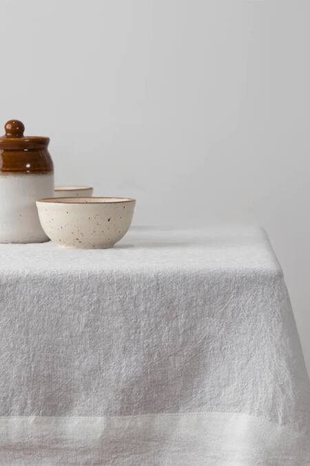Shop Saphed White 100% Pure European Linen Plain Taj Rectangle Table Cloth at Aza Fashions Shop_Saphed_White 100% Pure European Linen Plain Taj Rectangle Table Cloth_at_Aza_Fashions