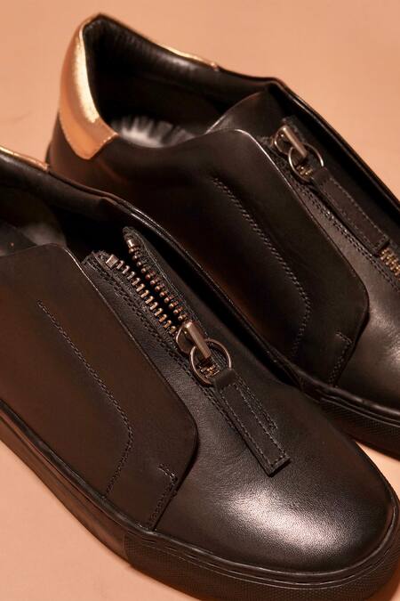 Shop_Dmodot_Black Leather Zip Sneakers _Online_at_Aza_Fashions