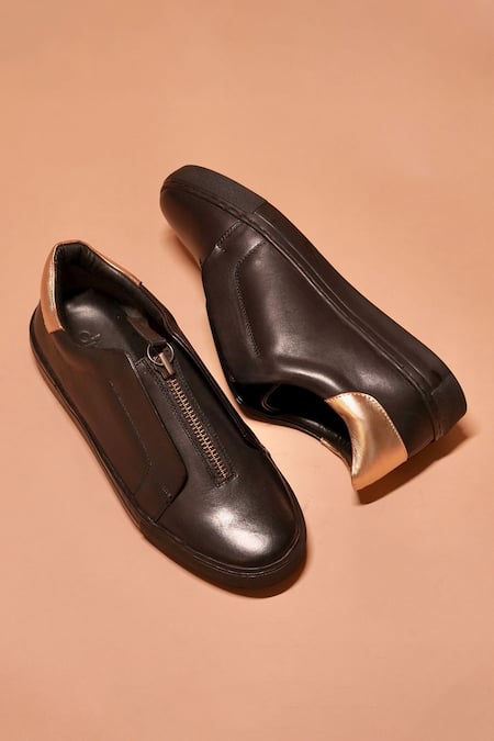 Dmodot_Black Leather Zip Sneakers _at_Aza_Fashions
