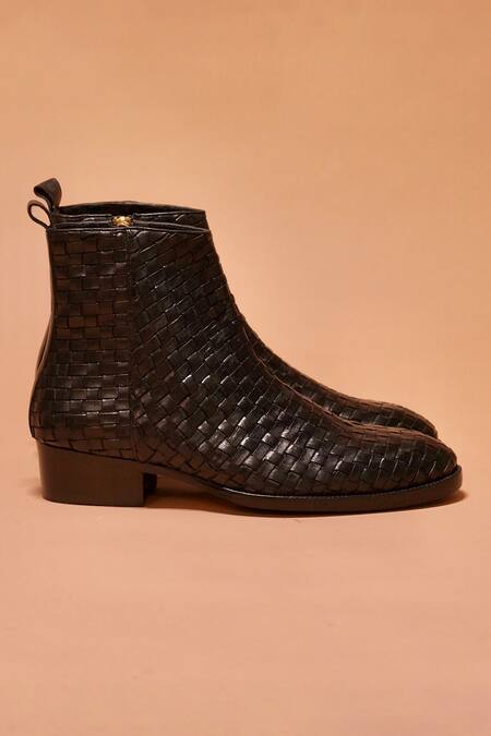 Dmodot_Black Woven Leather Boots _Online_at_Aza_Fashions
