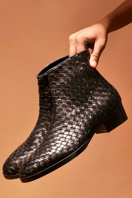 Shop_Dmodot_Black Woven Leather Boots _Online_at_Aza_Fashions