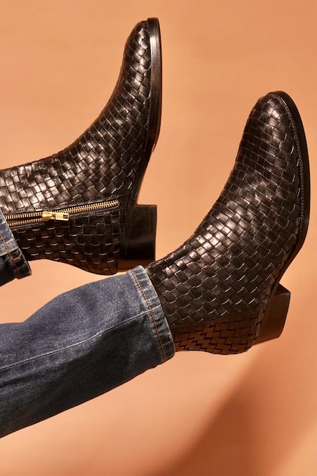 Dmodot_Black Woven Leather Boots _at_Aza_Fashions
