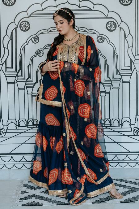 Shop Gulabo Jaipur Blue Georgette Embroidery, Gota Patti, Aksar Bandhani Pattern Kurta Sharara Set at Aza Fashions Shop_Gulabo Jaipur_Blue Georgette Embroidery, Gota Patti, Aksar Bandhani Pattern Kurta Sharara Set_at_Aza_Fashions