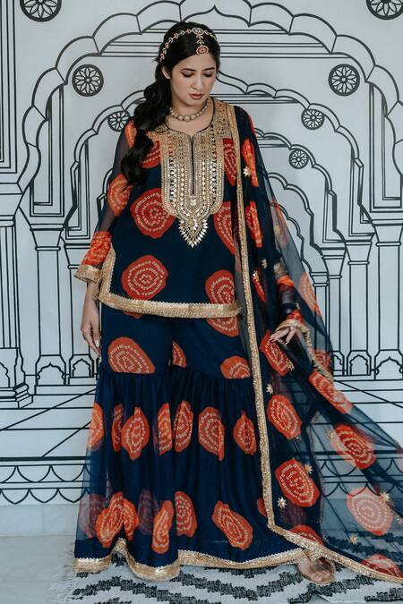 Buy Gulabo Jaipur Blue Georgette Embroidery, Gota Patti, Aksar Bandhani Pattern Kurta Sharara Set Online at Aza Fashions Buy_Gulabo Jaipur_Blue Georgette Embroidery, Gota Patti, Aksar Bandhani Pattern Kurta Sharara Set_Online_at_Aza_Fashions