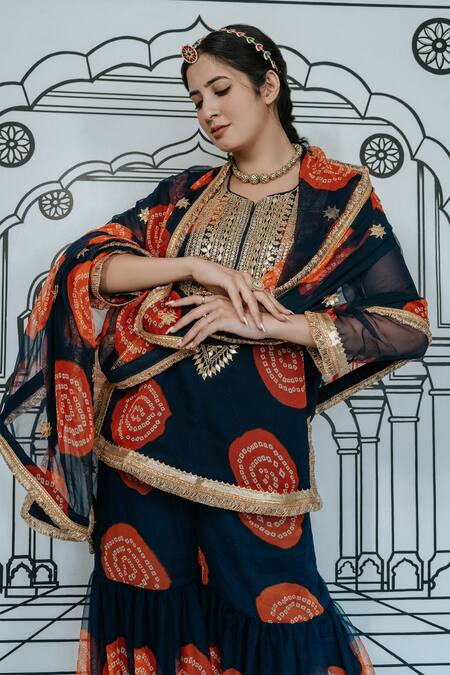 Shop Gulabo Jaipur Blue Georgette Embroidery, Gota Patti, Aksar Bandhani Pattern Kurta Sharara Set Online at Aza Fashions Shop_Gulabo Jaipur_Blue Georgette Embroidery, Gota Patti, Aksar Bandhani Pattern Kurta Sharara Set_Online_at_Aza_Fashions