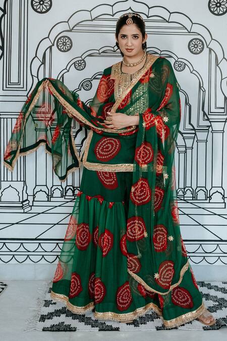 Shop Gulabo Jaipur Green Georgette Zari, Gota Patti, Embroidery Aksar Zardozi Kurta Sharara Set at Aza Fashions Shop_Gulabo Jaipur_Green Georgette Zari, Gota Patti, Embroidery Aksar Zardozi Kurta Sharara Set_at_Aza_Fashions