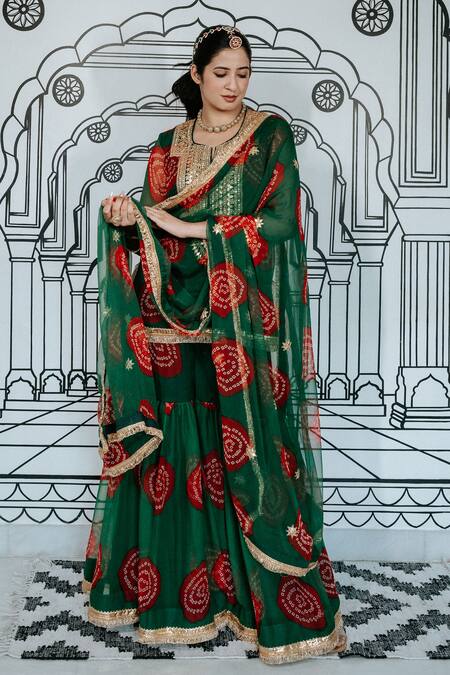 Gulabo Jaipur Green Georgette Zari, Gota Patti, Embroidery Aksar Zardozi Kurta Sharara Set Online at Aza Fashions Gulabo Jaipur_Green Georgette Zari, Gota Patti, Embroidery Aksar Zardozi Kurta Sharara Set_Online_at_Aza_Fashions