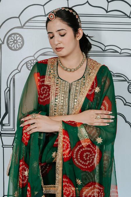 Shop Gulabo Jaipur Green Georgette Zari, Gota Patti, Embroidery Aksar Zardozi Kurta Sharara Set Online at Aza Fashions Shop_Gulabo Jaipur_Green Georgette Zari, Gota Patti, Embroidery Aksar Zardozi Kurta Sharara Set_Online_at_Aza_Fashions