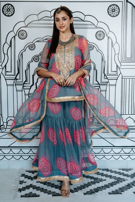 Gulabo Jaipur_Grey Georgette Embroidery, Gota Patti Round Aksar Zardozi Work Kurta Sharara Set_Online_at_Aza_Fashions